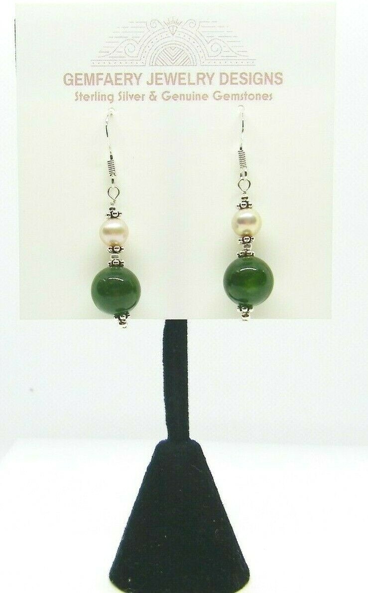 Sterling Silver Natural NEPHRITE JADE & PEARL Dangle Earrings…Handmade USA