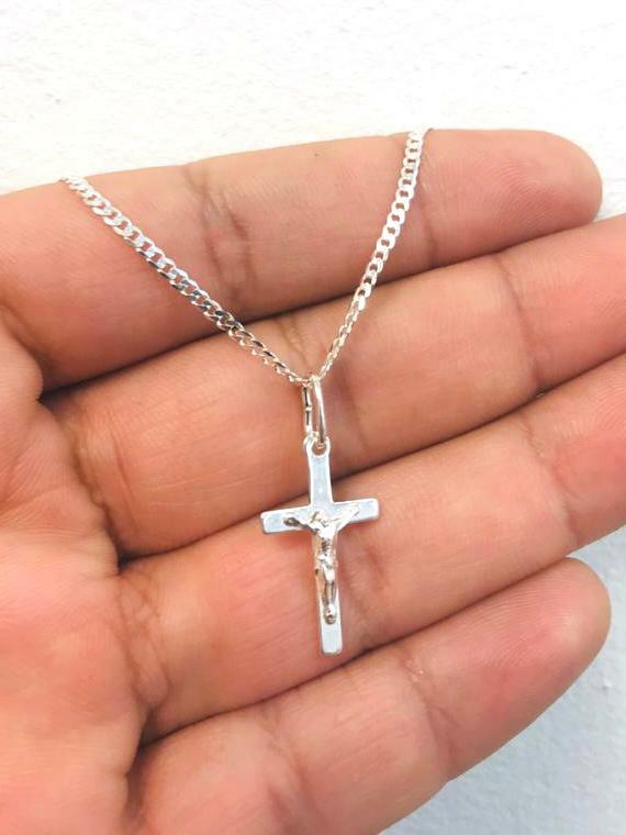 Cross Necklace Women Men 925 Sterling Silver Cuban Link Chain Cadenita con Cruz