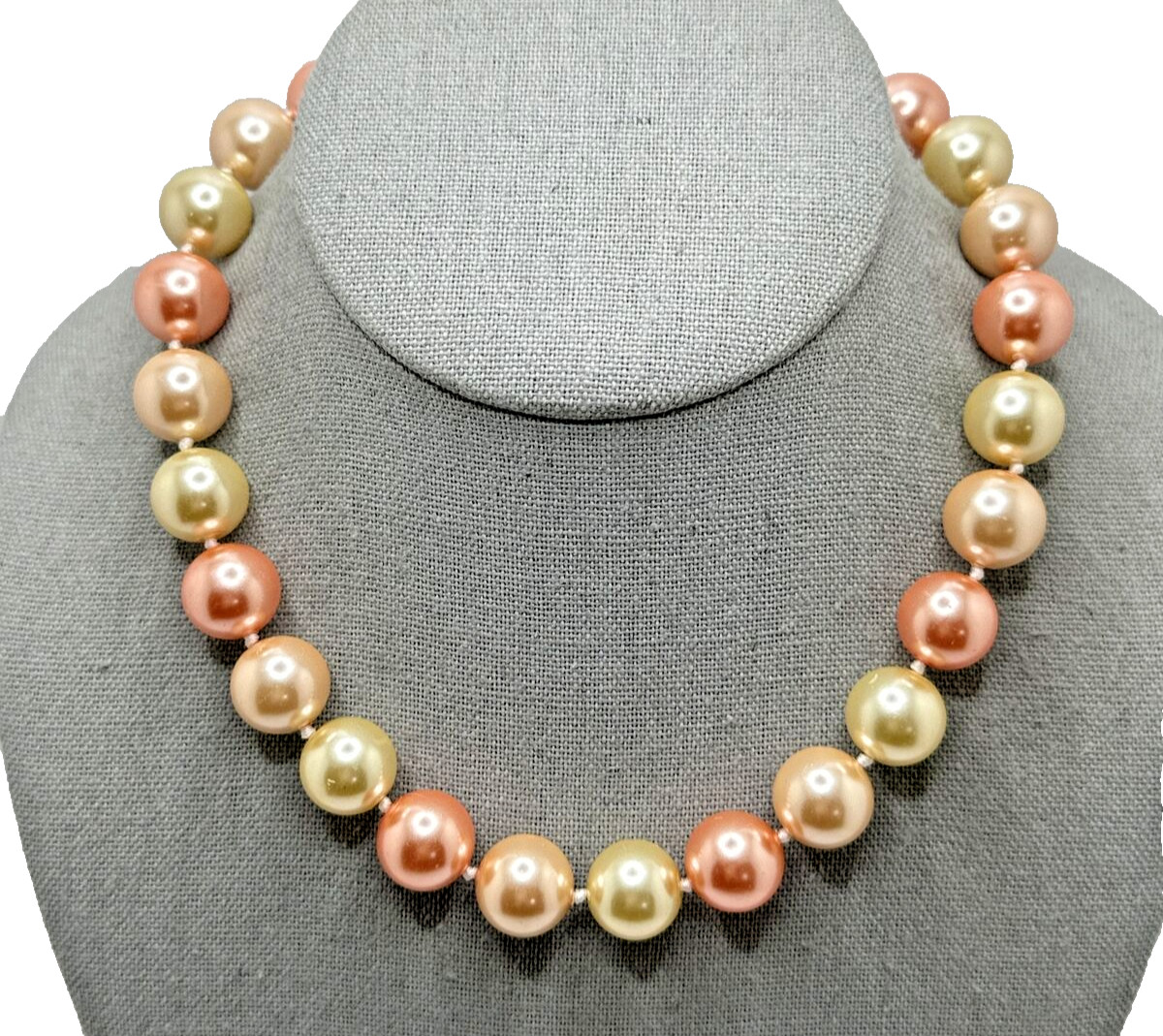 Pastel Peach Pink & Cream Choker Necklace Faux Pearl Glass Bead Statement 18”