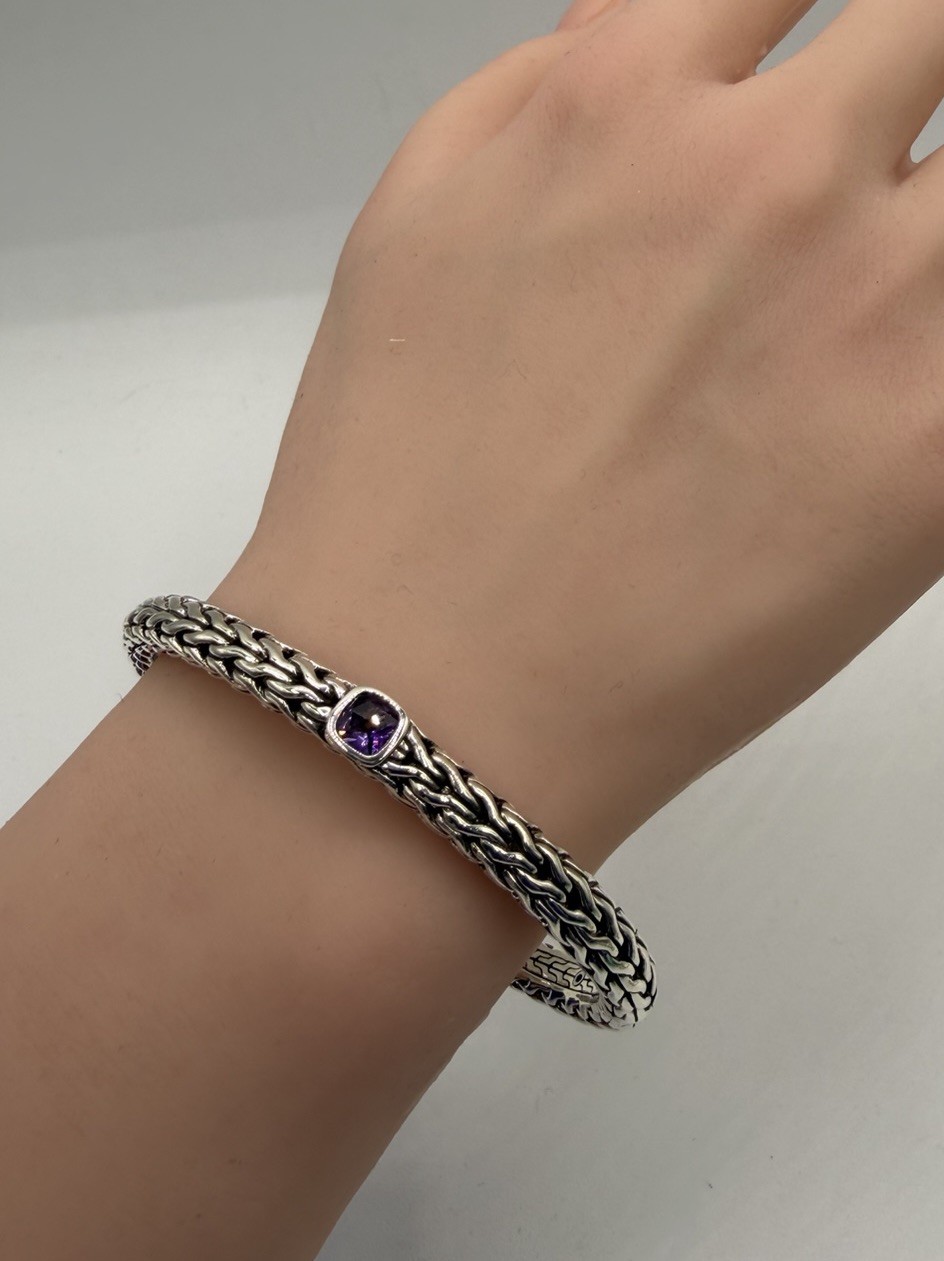 John Hardy 925 Sterling Silver & Purple Amethyst Cuff Bracelet 6.3mm 27.8g Sz 7