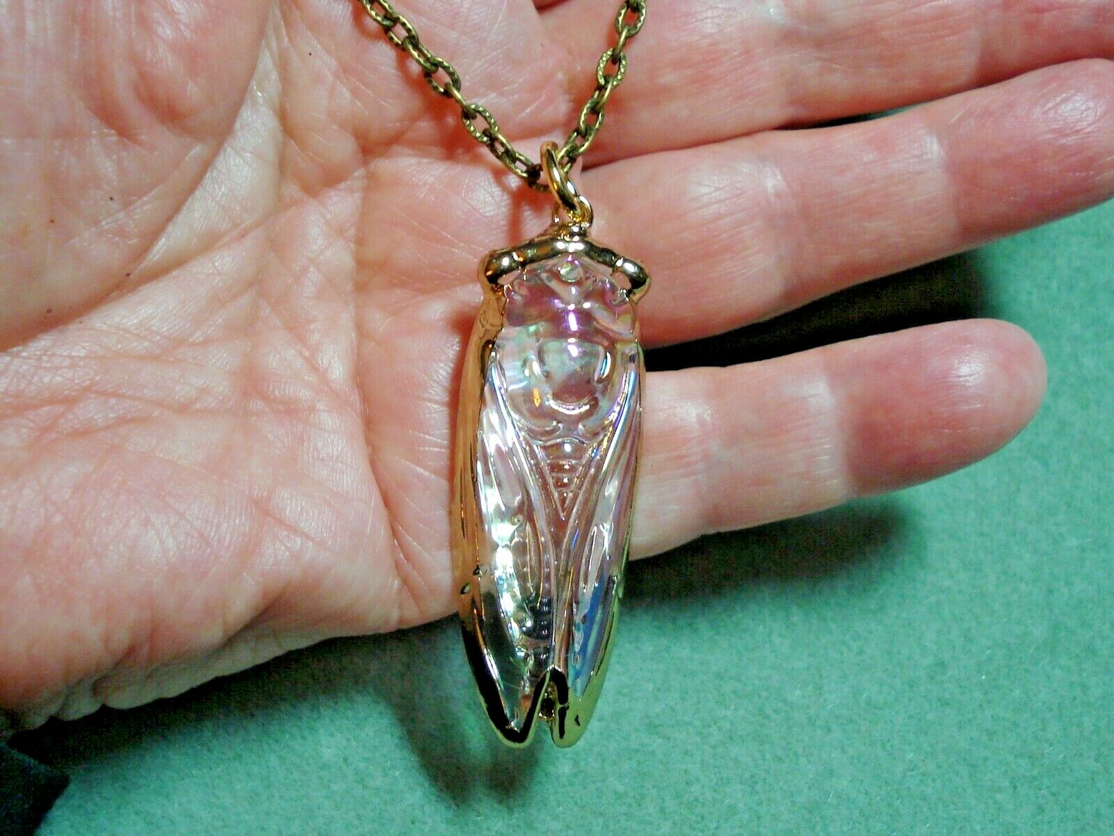 Glass Iridescent Cicada on 24″ Chain Necklace, Symbol of Survival & Defiance