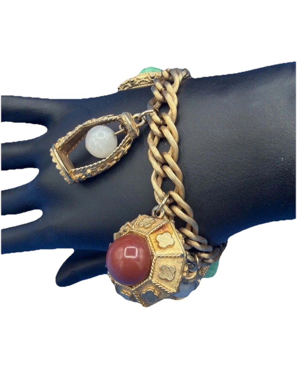 Vintage Etruscan Revival Charm Bracelet Gold Tone Curb Chain Fob Lantern 50s 60s