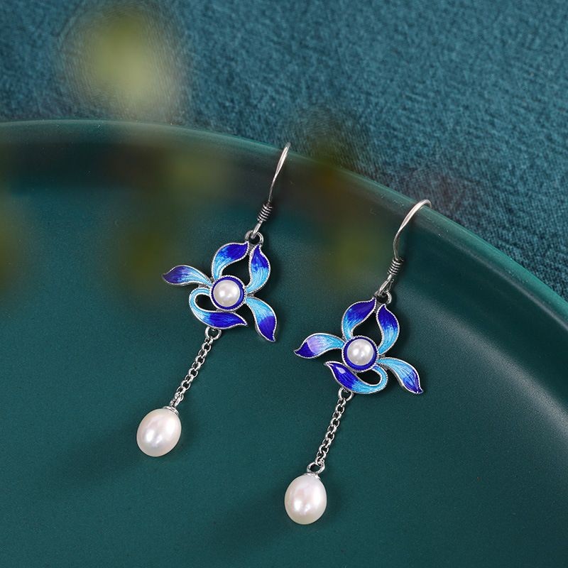 Cloisonne Orchid Earrings Faux Pearl Inlay Vintage Chinese Style Dangle Jewelry