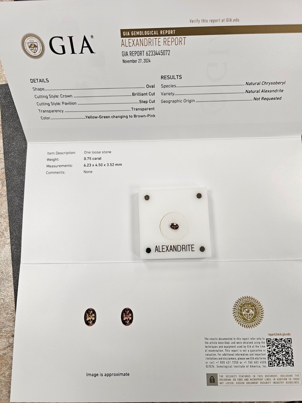 GIA Certified Natural Alexandrite 0.75ct Oval – Color Change – Chrysoberyl