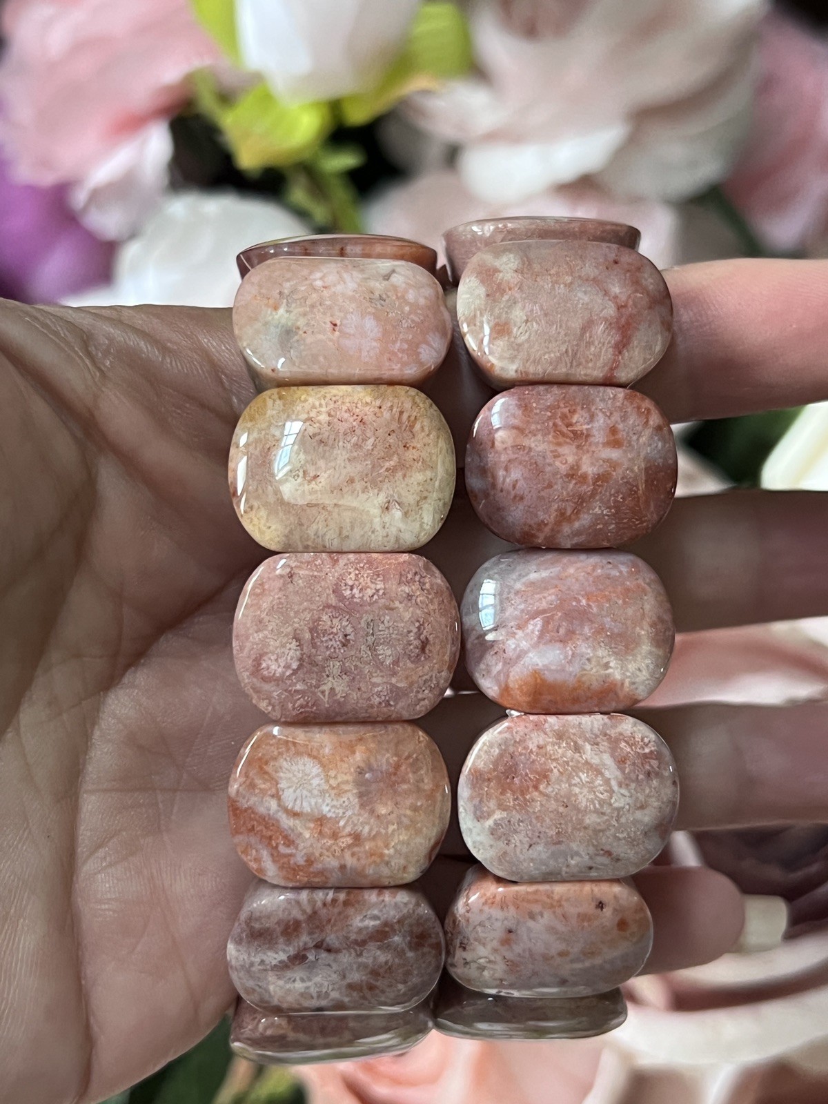 Natural Indonesian Agatized Coral Fossil Beads Stretch Bracelet Bangle