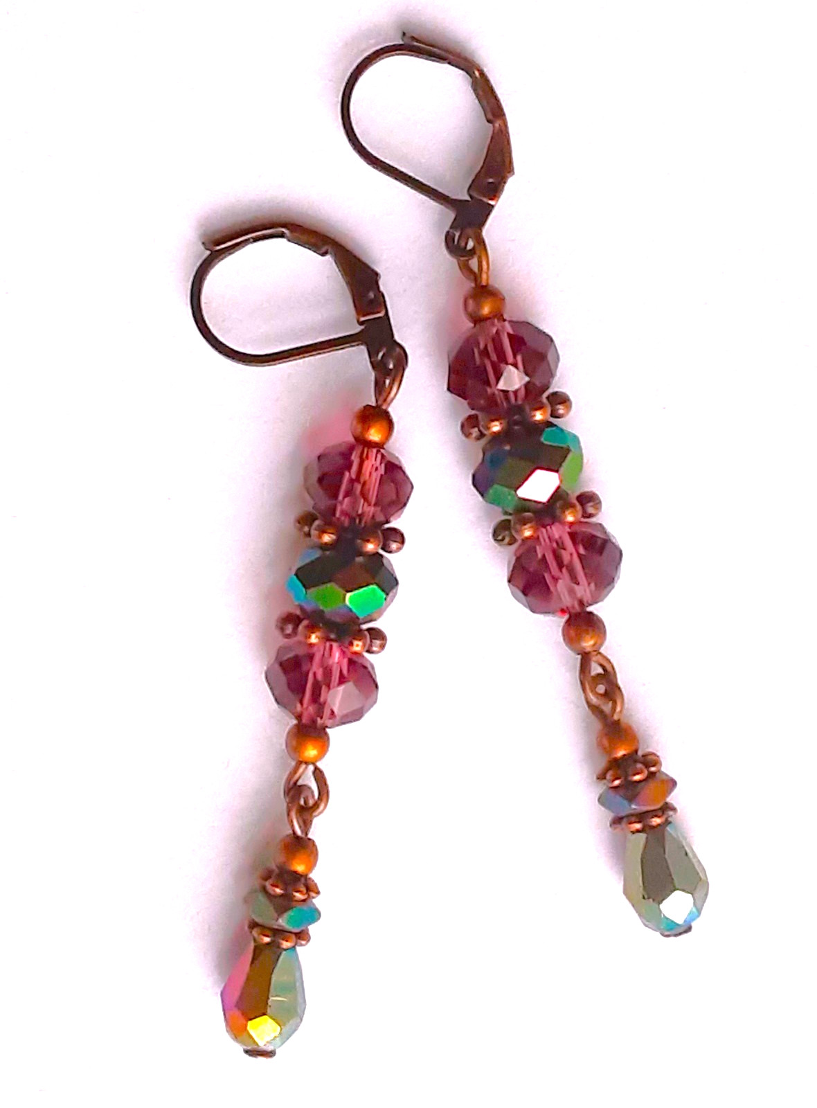 PLUM & RAINBOW crystal dangle COPPER earring LEVERBACK handmade #N25