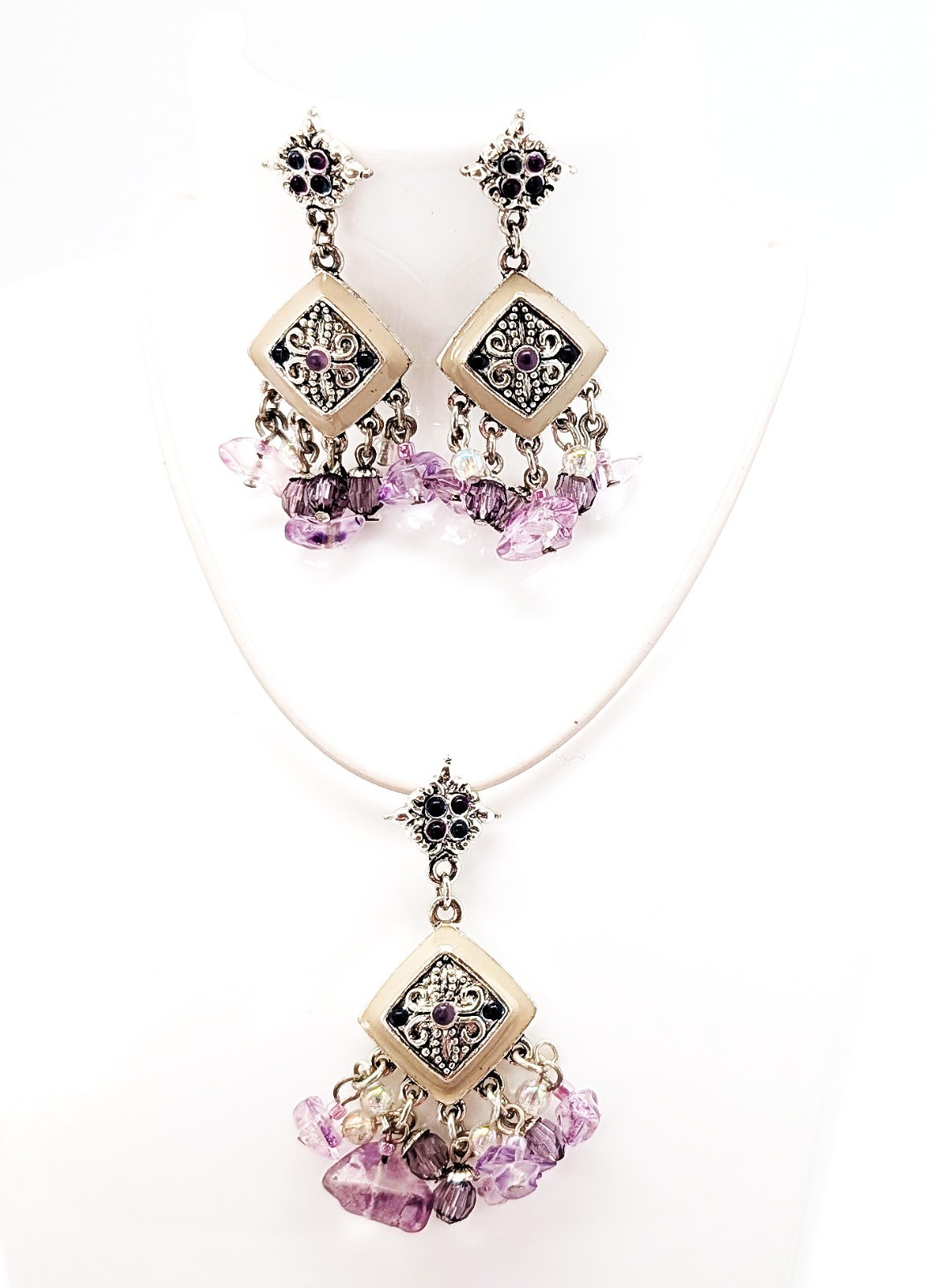 DESIGNER INSPIRED GENUINE AMETHYST PURPLE CRYSTAL ENAMEL SILVER JEWELRY SET