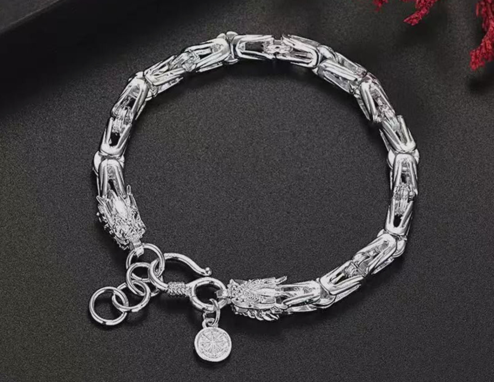 Bracelet 8-9 in .925 Sterling Silver Byzantine Double Dragon Head Spiga Wheat