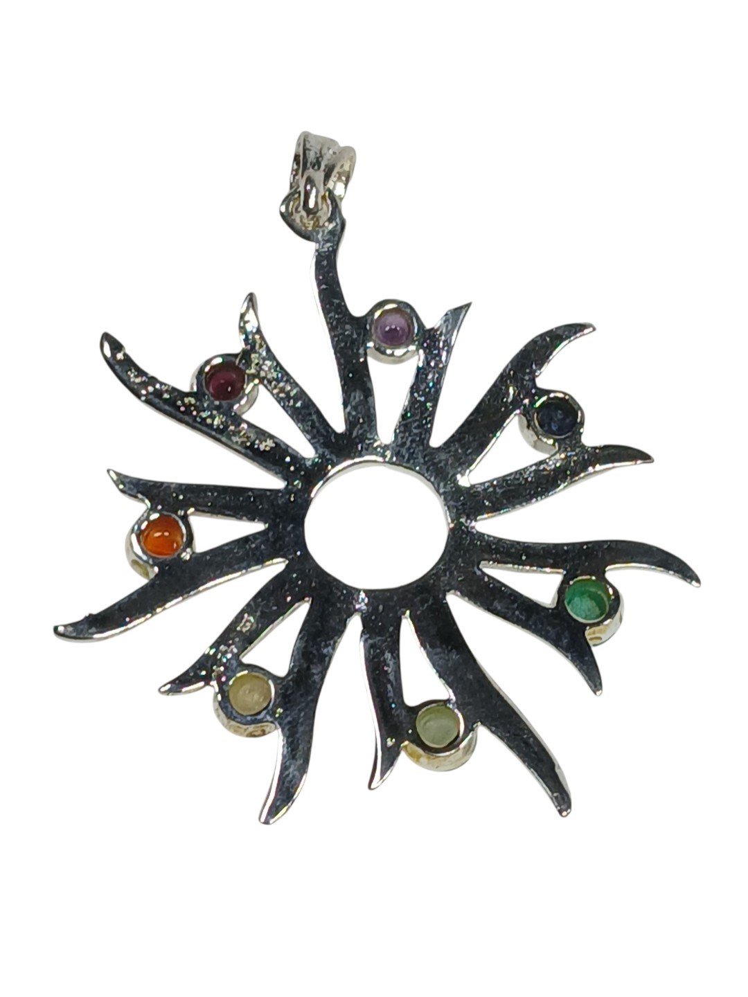 Pendant Multi Color Starburst Chakra Silver tone Turquoise Lapis and More