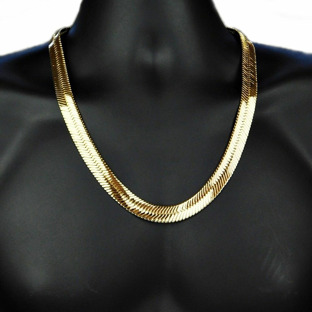 Mens 14K Gold Plated Herringbone Chain Flat Hip Hop Necklace 20″-30″ 4MM-14MM