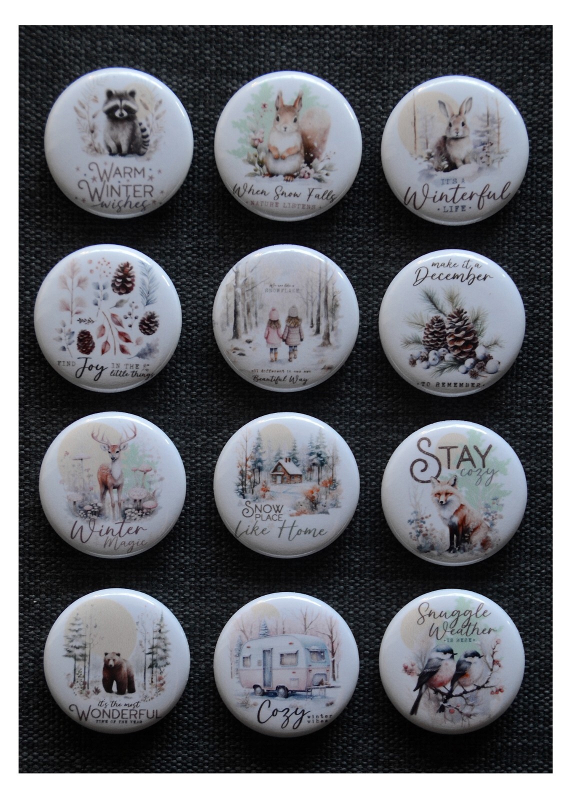 Winter Woodland Inspirational / Pinback Buttons (Set of 12) / 4 Size Options