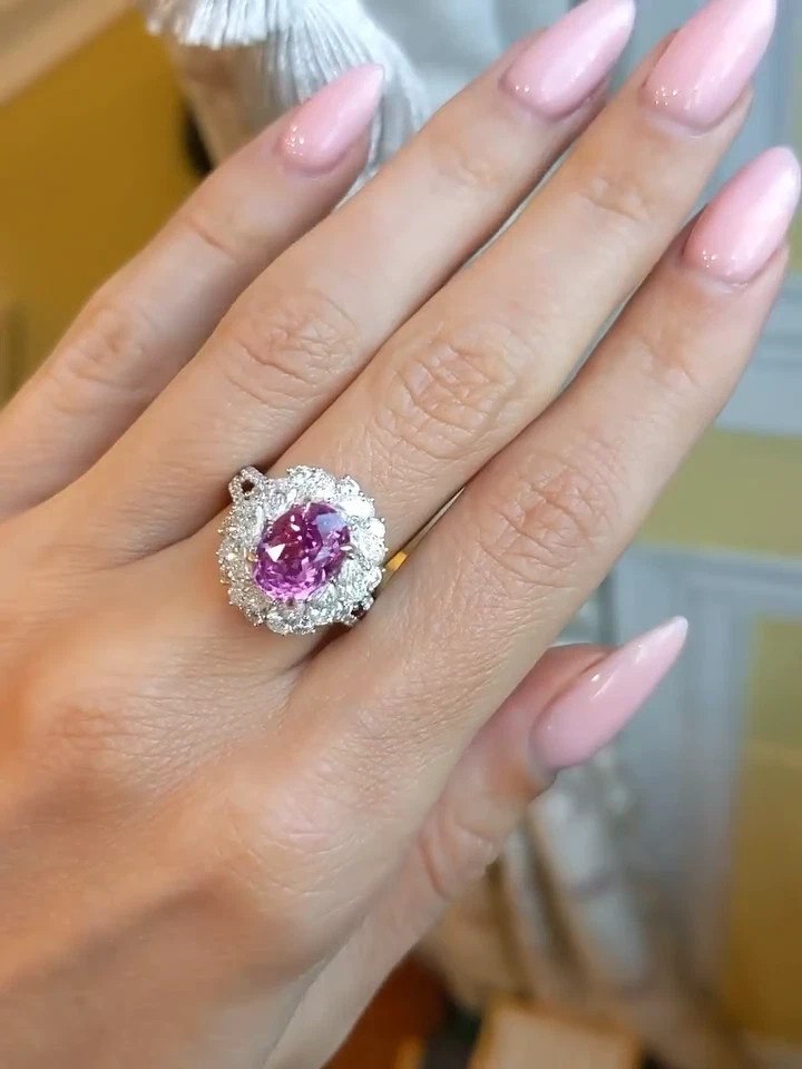 4.80ct Oval Natural Pink Sapphire & Diamond Engagement Ring 18K Solid White Gold