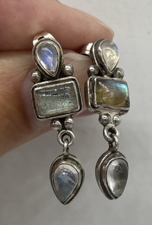 Vintage Sterling Silver Sajen Dangle Earrings Labradorite Quartz 5.6 Grams