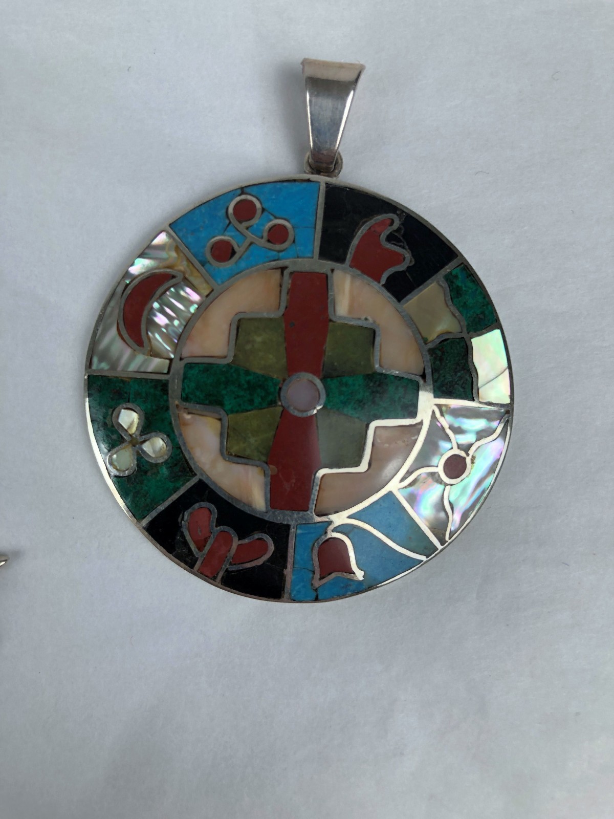 Mexico Peru 950 sterling silver inlaid stone Circle Chakana Pachamama pendant