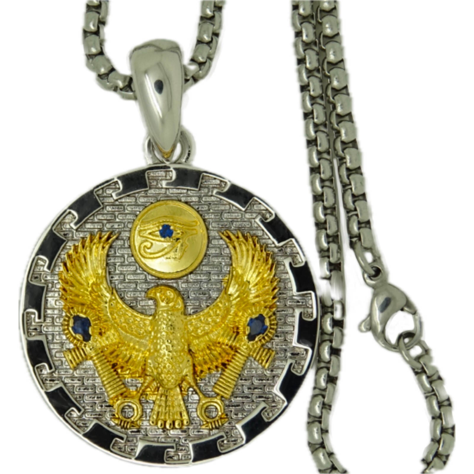 Egyptian Ankh Cross Falcon Pendant with Chain Eye of Horus Gold Plated Necklace