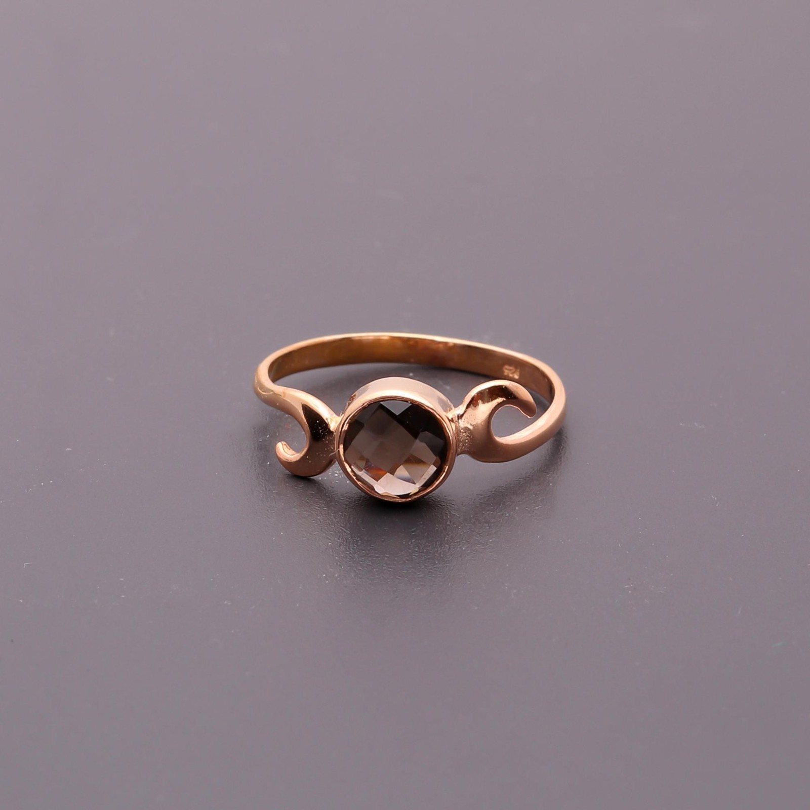 Natural Smoky Quartz Round Cut Ring Rose Gold Fill 925 Sterling Silver Jewelry