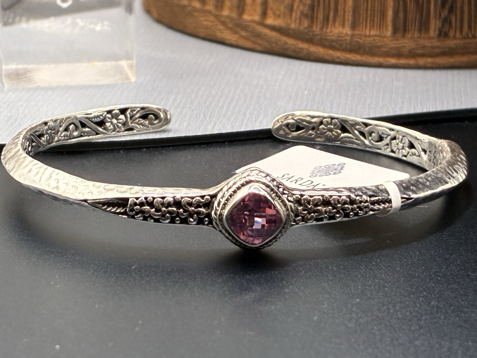 Sarda Light Pink Lab Created Sapphire Sterling Silver Cuff Bracelet Size 7.25