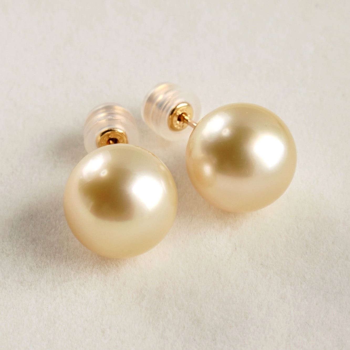 Big 11.6mm Round Light Gold South Sea Pearl Stud Earrings 10K Yellow Gold