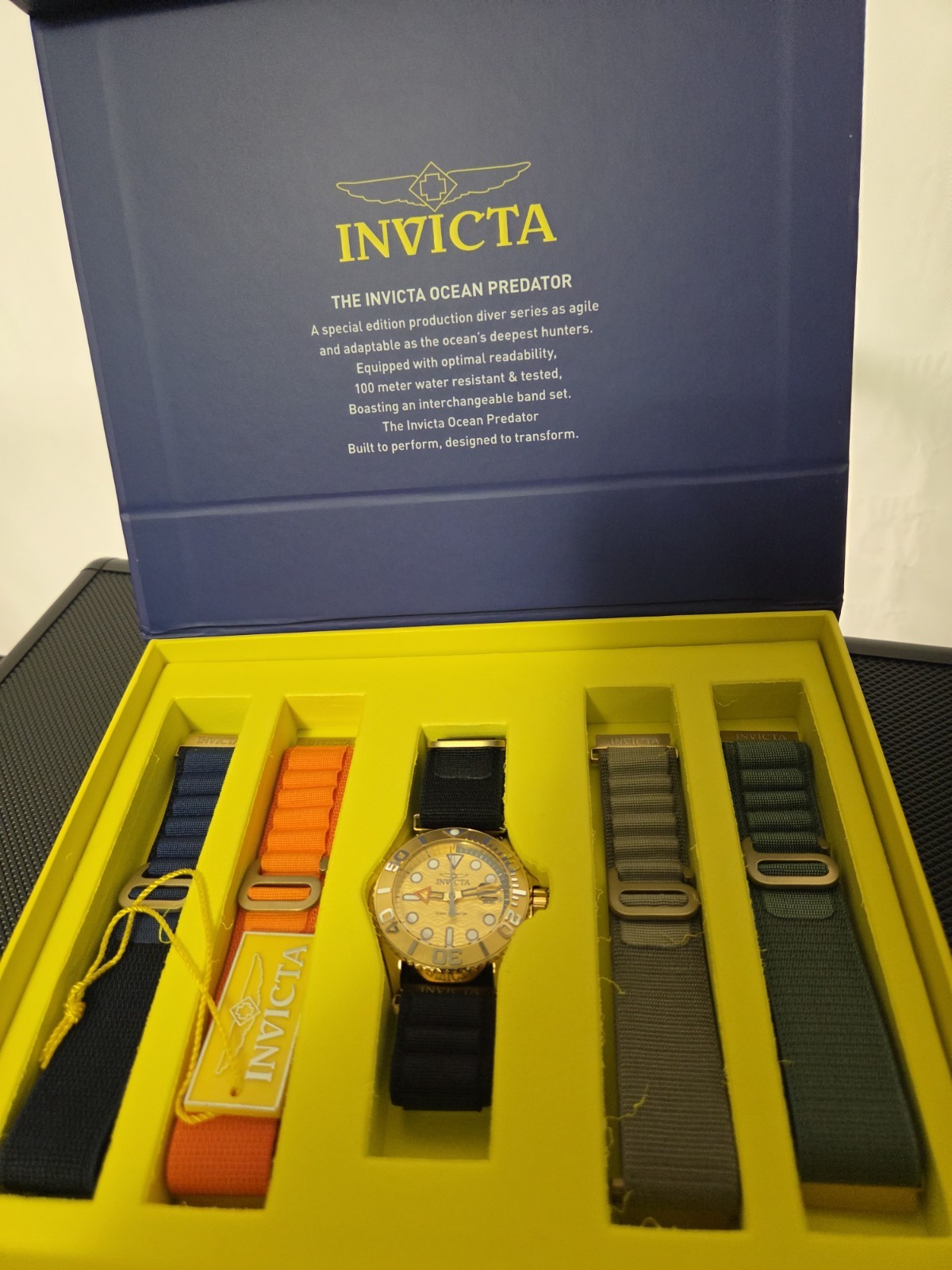 Invicta Ocean Predator Diver Watch Gold Stainless Steel 100m Nylon Bands Set