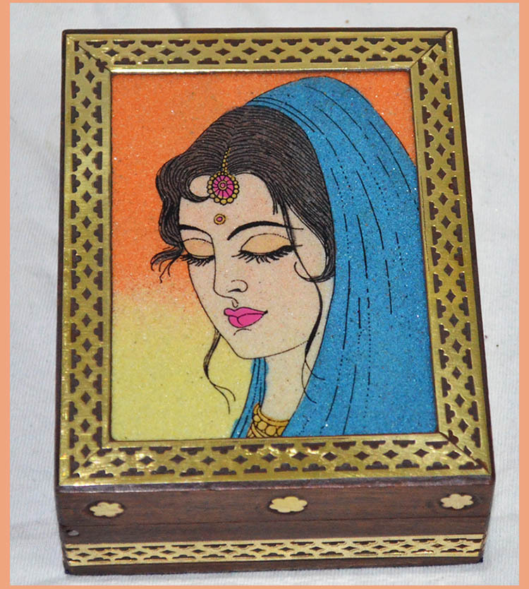 Designer wooden jewelry box with gem stone painting and brass border from India!