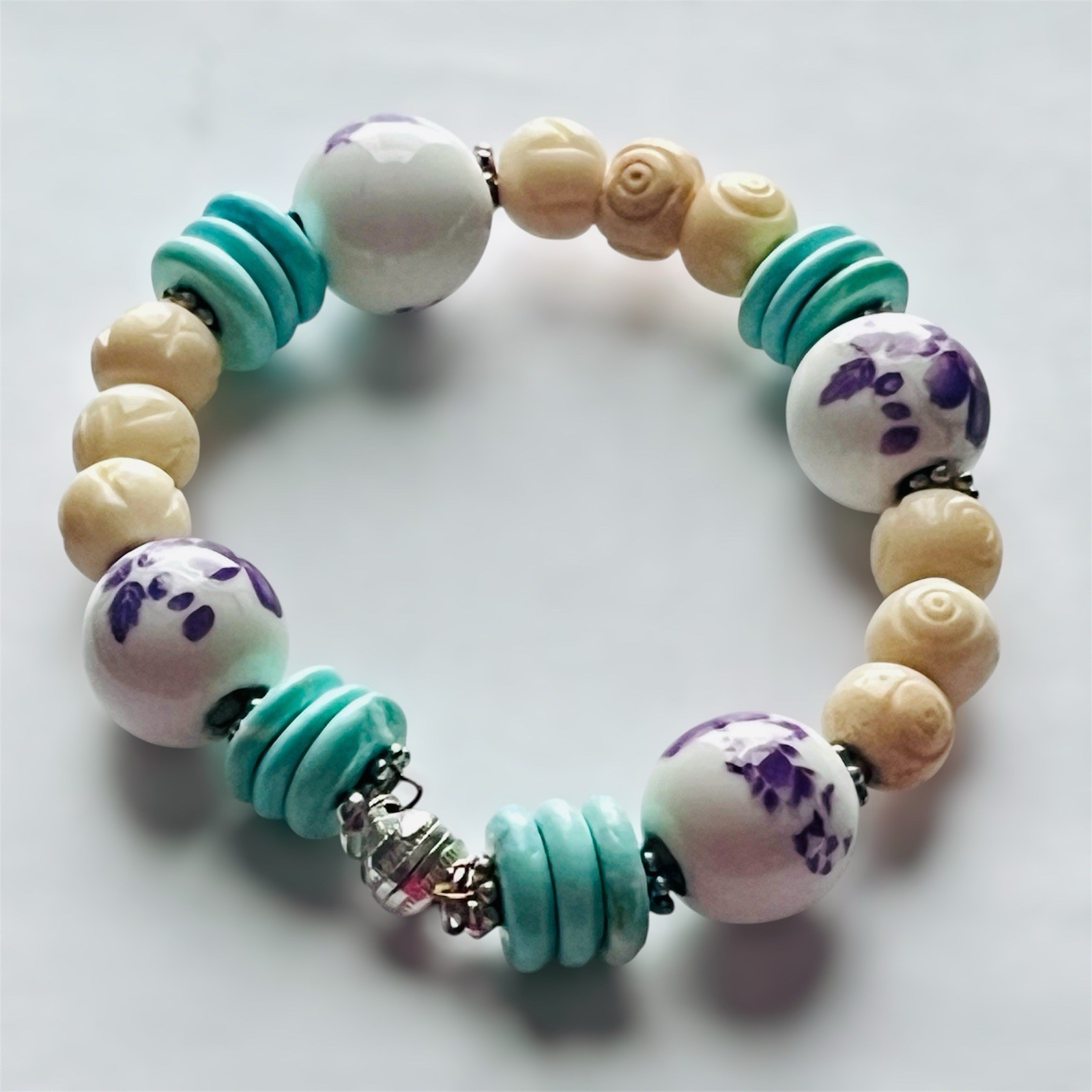 Ceramic Floral Imprinted Beaded Bracelet Magnetic Clasp Handmade New