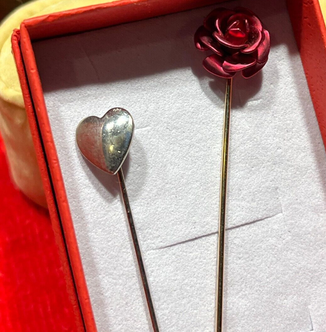 Vintage Two Metal Straight Pins Red Rose 1/2″ & Heart 3/4″ Diameter 1960’s