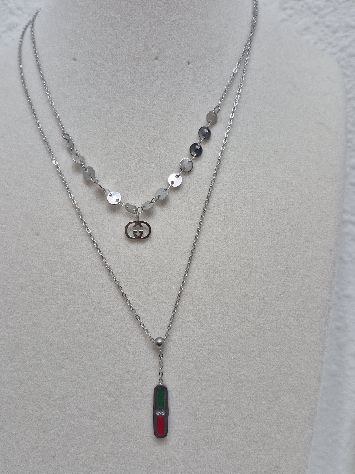 Silver-Tone Double Layer Cable Chain Necklace w/ Red & Green Bar Charm Pendant