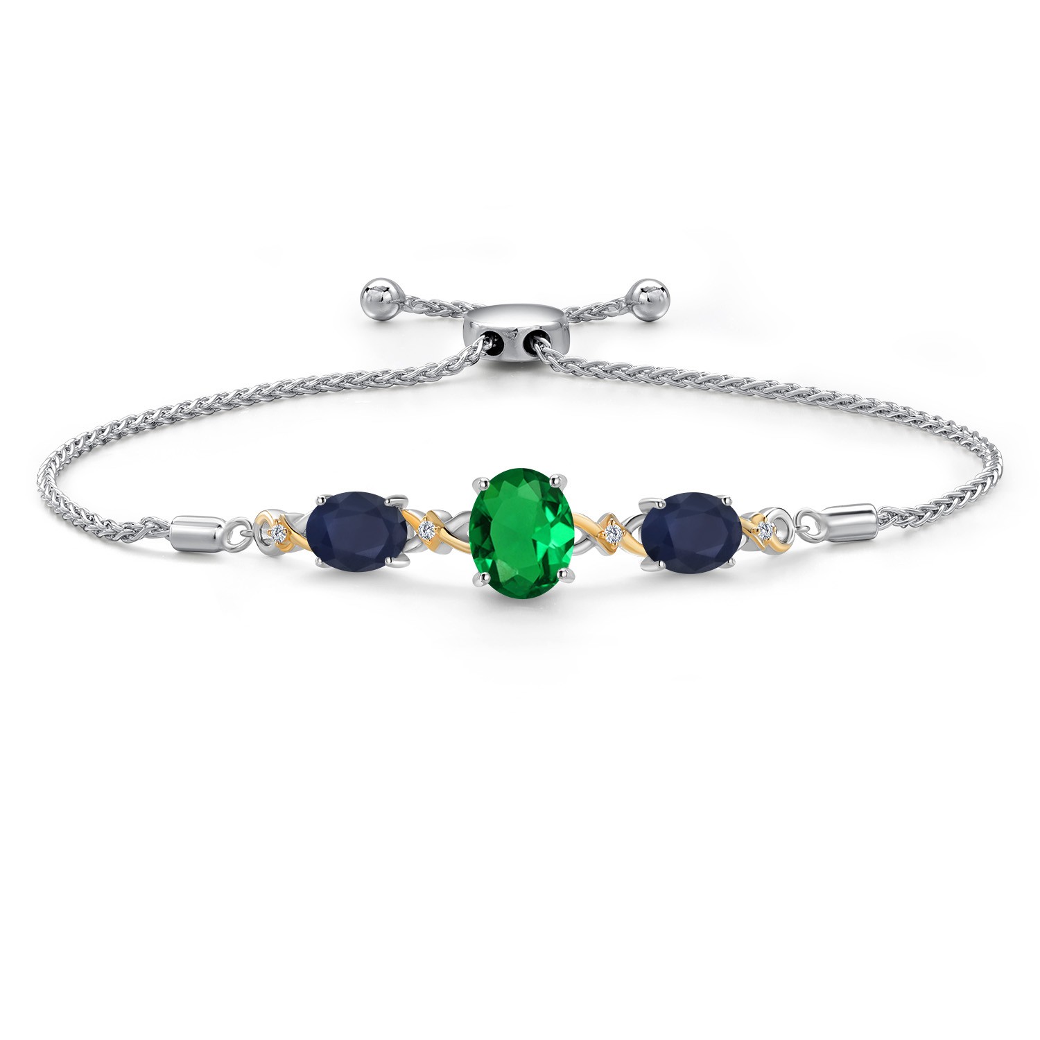 925 Silver and 10K Yellow Gold Nano Emerald and Sapphire and White Lab Grown