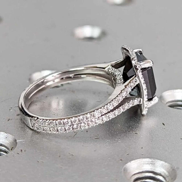 Black Emerald Cut Moissanite Halo Engagement Ring 925 Silver 14K Vermeil Ring