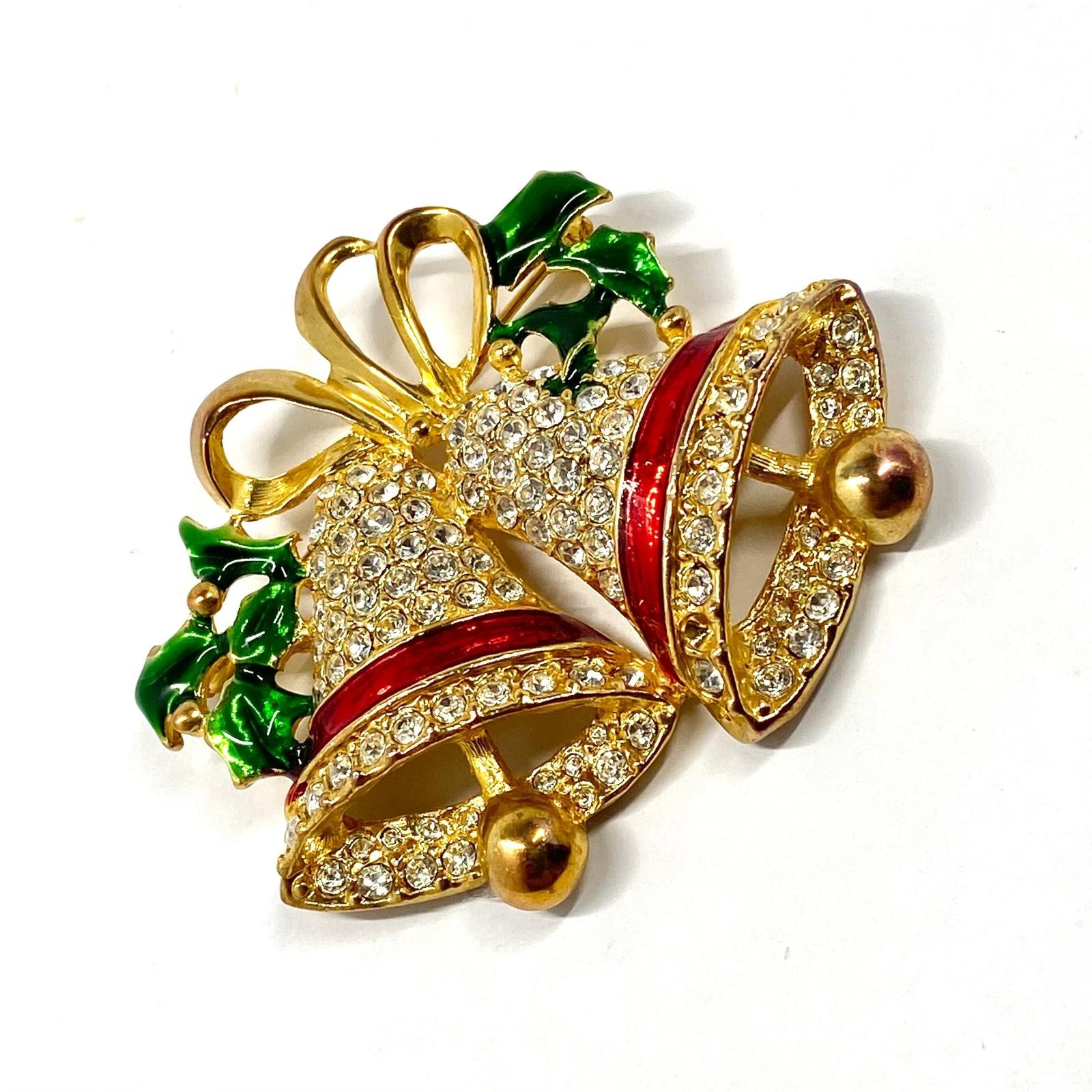 Vintage Christmas Bells Enamel & Rhinestone Gold Tone Holly Brooch Holiday Gift
