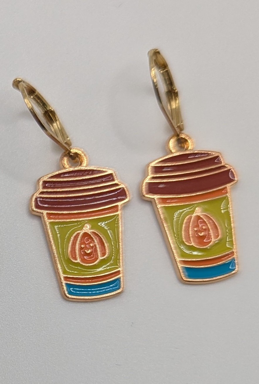 Pumpkin Spice Latte Dangle Drop Earrings, 24K gold plated leverbacks, fall