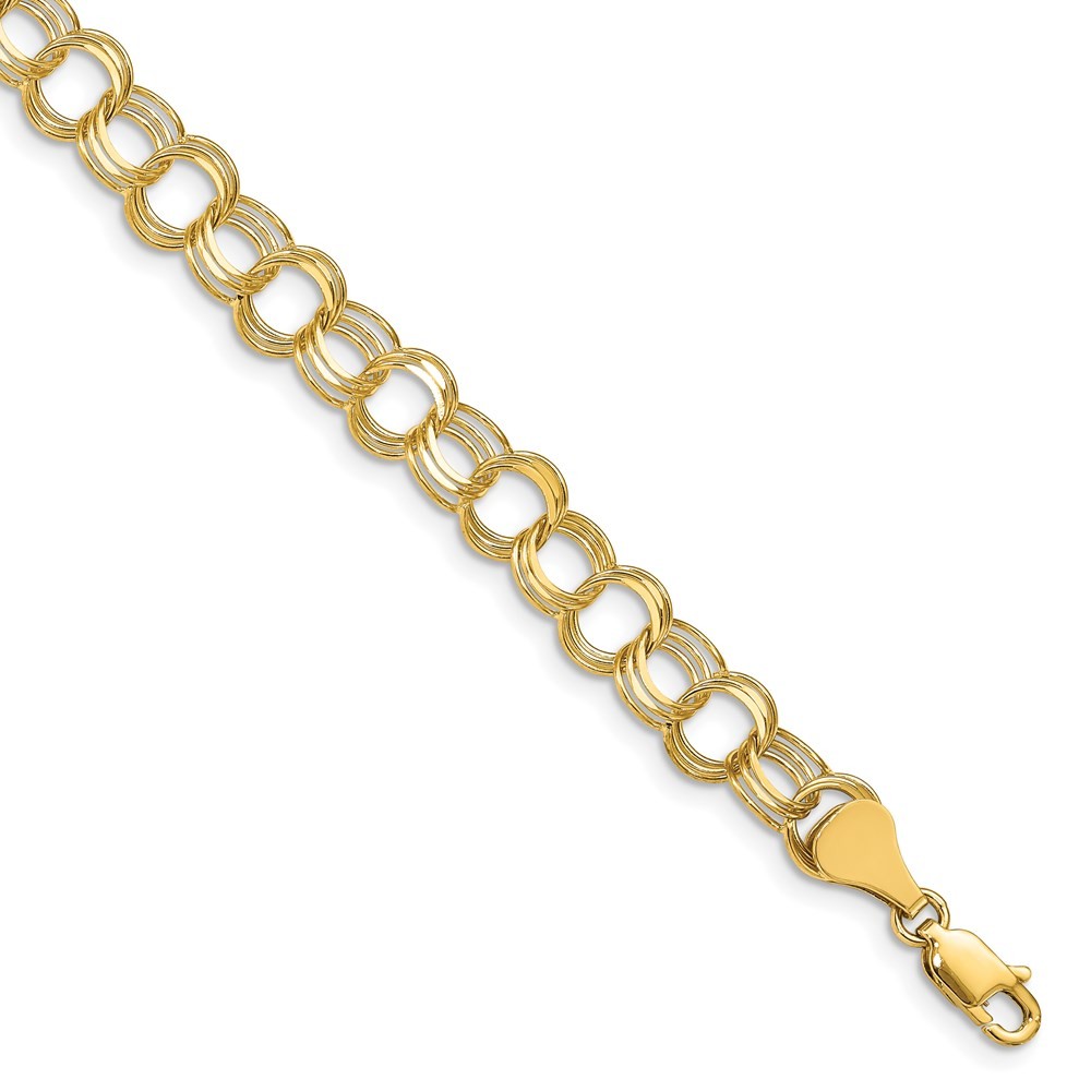 14k Yellow Gold 7mm Solid Triple Link Charm Bracelet Gift For Mother 8″