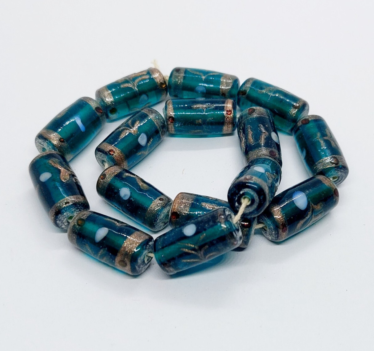 Lampwork Cylinder/Tube Glass Beads 15 bead strand 10x22mm Teal
