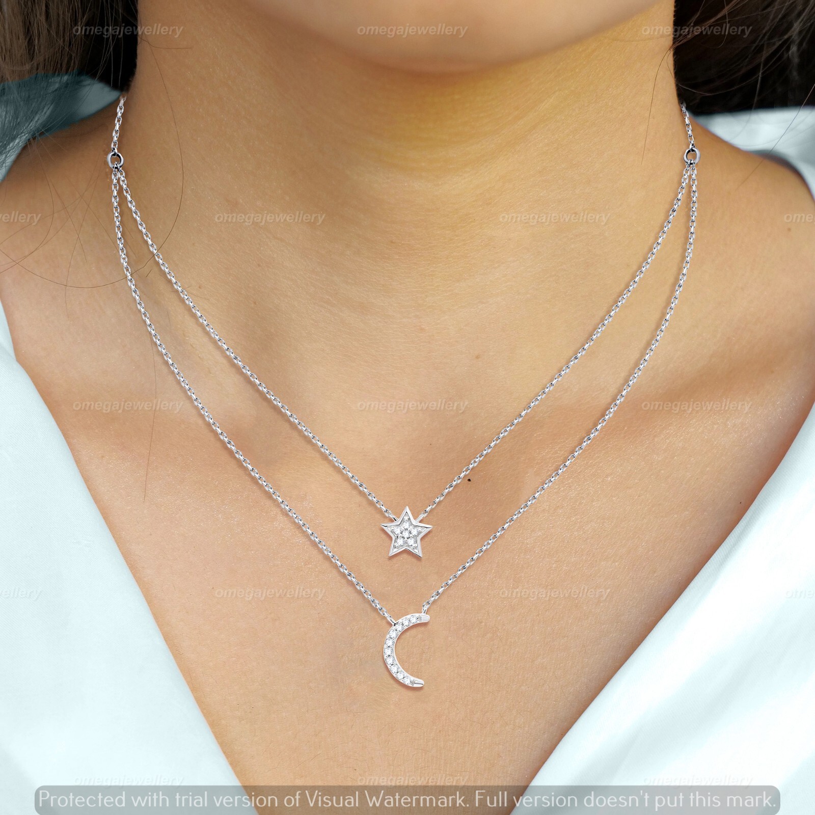 0.10 Ct Natural I2 H Diamond Star & Moon Chain Necklace 14K White Gold 18″