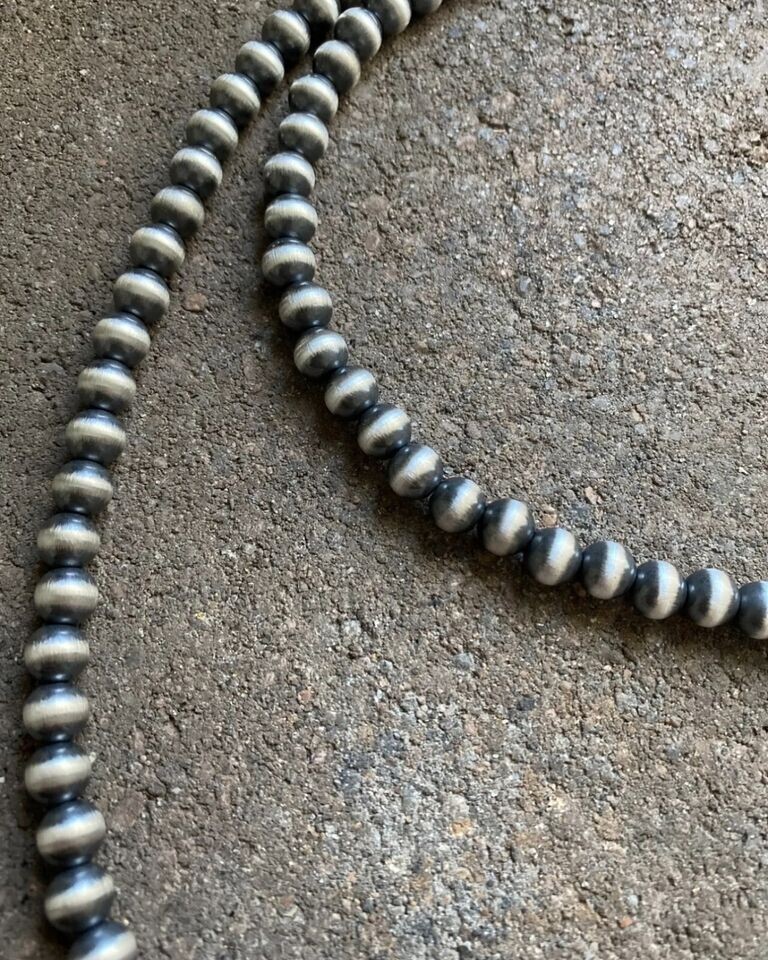 7mm 36 Inch 925 Sterling Silver Oxidized Pearls Bead Necklace Southwestern
