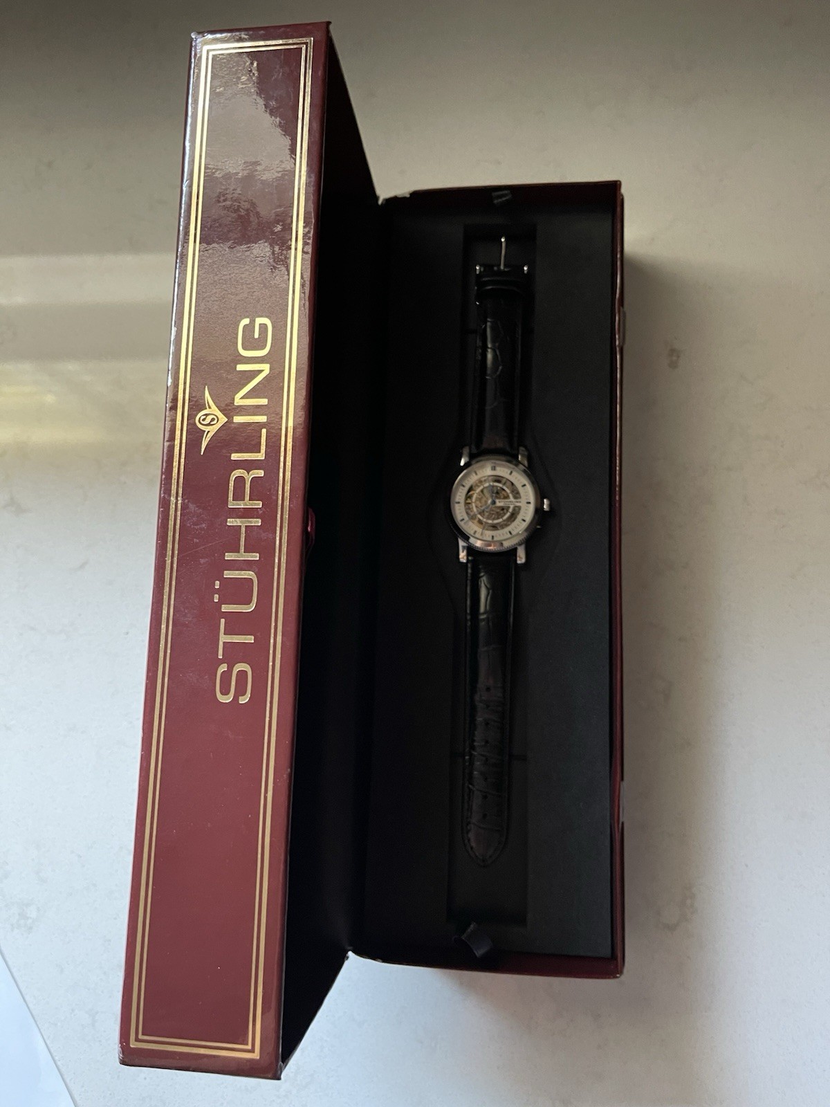 Stuhrling Original 20 Jewels Lexus Automatic Skeleton Black Leather Mens Watch