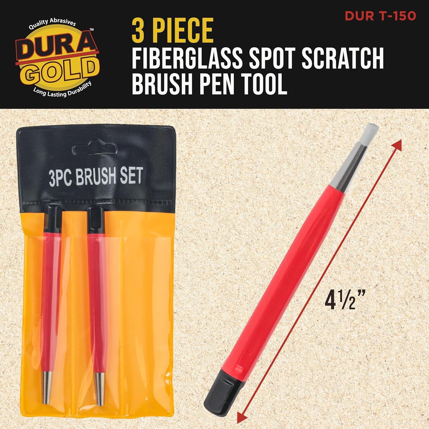 Fiberglass Scratch Brush Pen Dura Gold 3 Pack for Metal