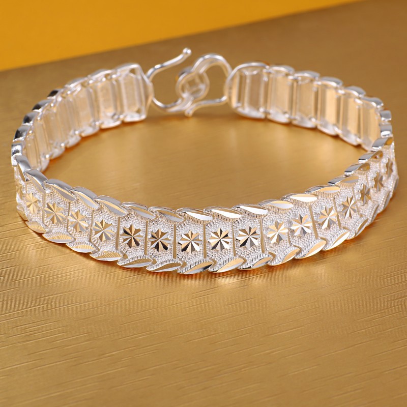 Pure 990 Fine Silver Bracelet Women Men 13mm Full Star Wider Link 7inch-8inch
