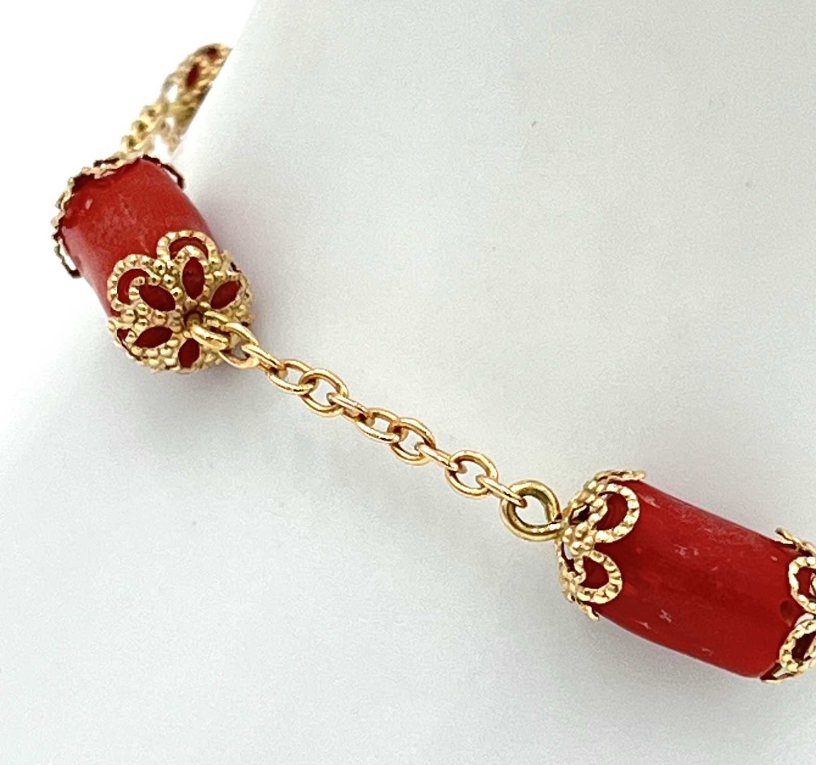 Handmade 14kt Gold Barrel Mediterranean Red Coral Bracelet