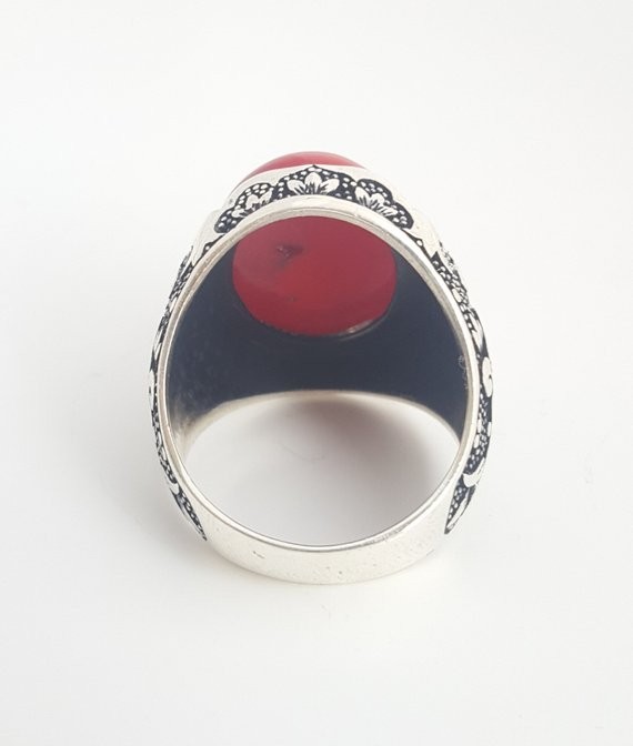 Solid 925 Sterling Silver AA Italian Red Coral Gemstone Signet Men’s Unisex Ring