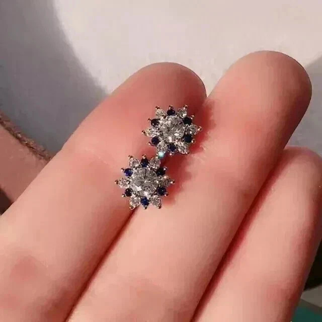 2Ct Round Lab Created Blue Sapphire Stud Earrings Womens 14K White Gold Plated