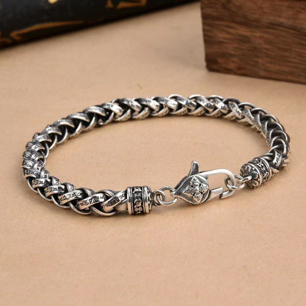 Real S925 Sterling Silver Chain 6mm Six Words Wheat Link Bracelet 34-35g 7.9inch
