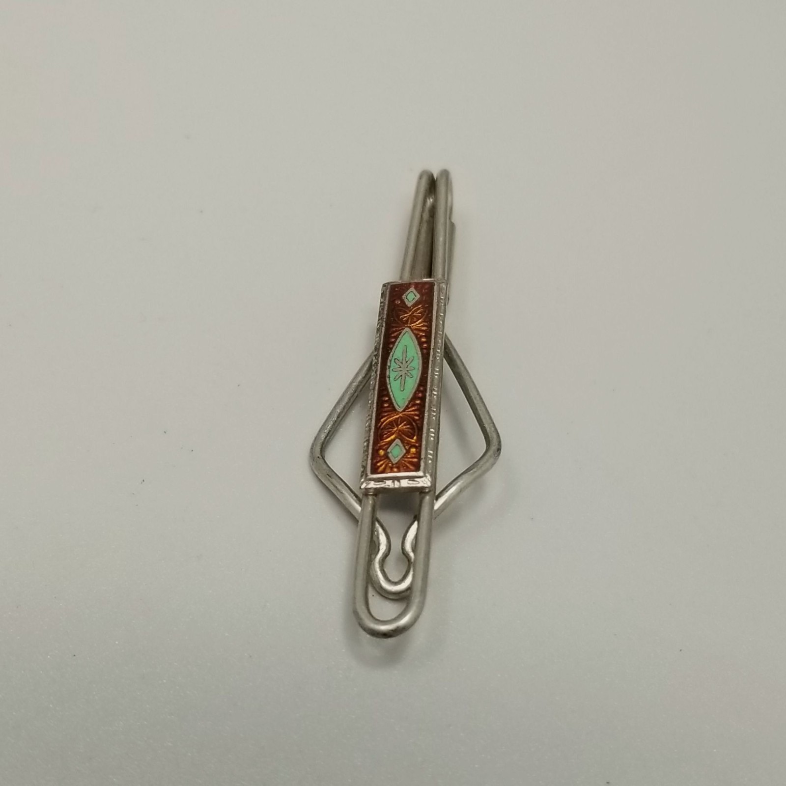 Vintage Orange Green Enamel Tie Bar Clip Silver Tone Retro Unsigned