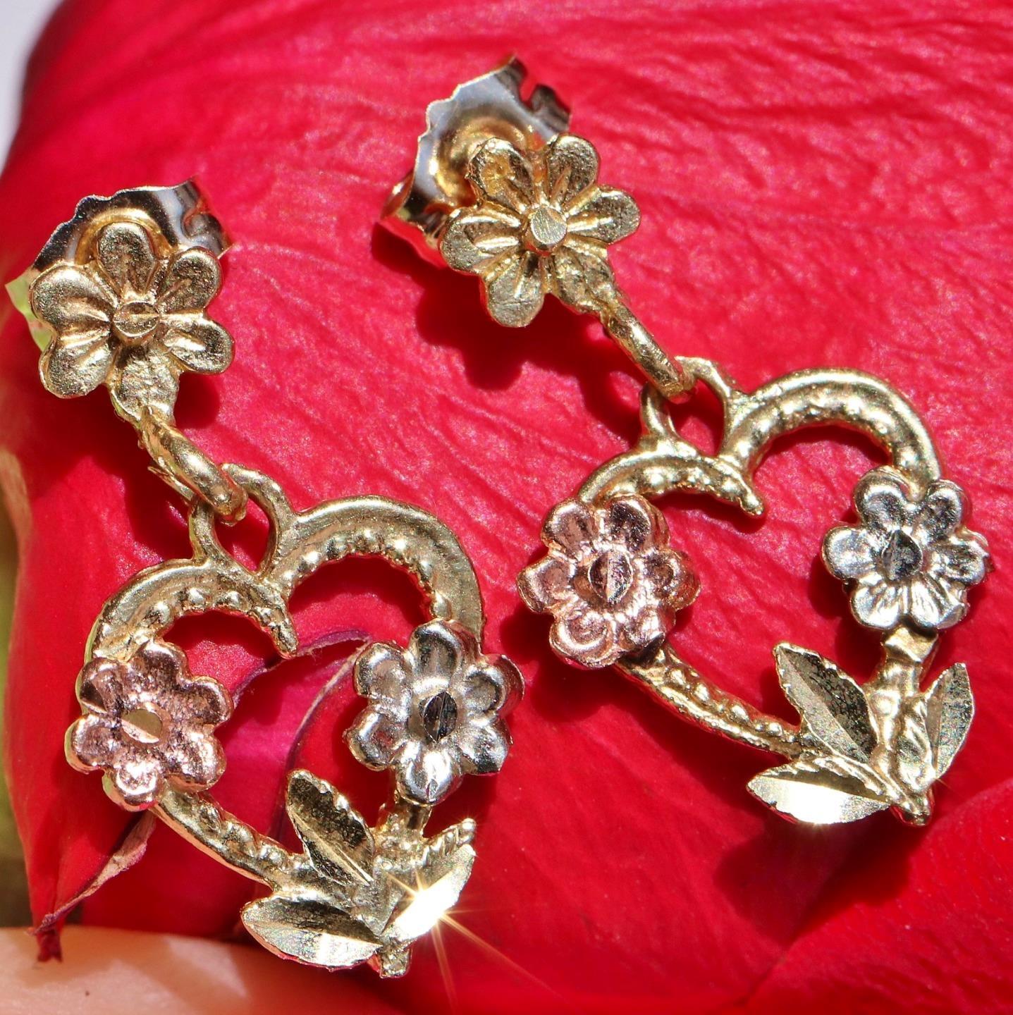 14k gold multi tone earrings 0.75″ dangle rose heart vintage 1.8g Fortunoff N280