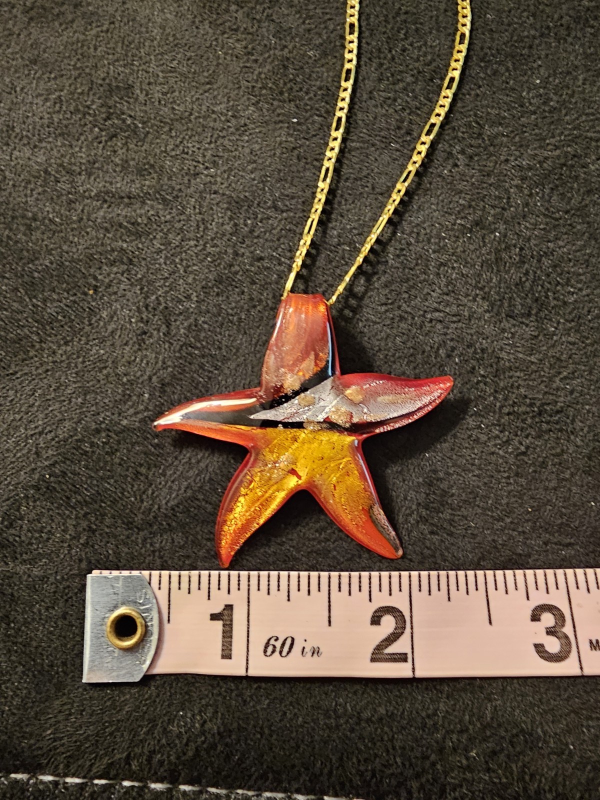 Murano Style Art Glass Starfish Pendant Necklace 18K GF 18″ Chain Red Gold