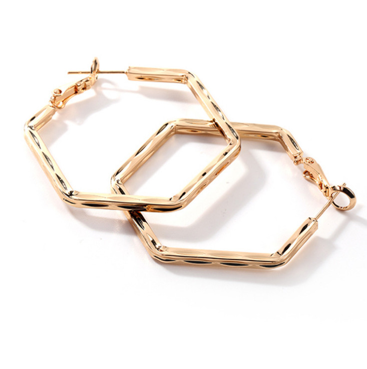 Women 1.6″/40mm Gold Plated Hexagon Geometry Hoop Earrings Fashion S2