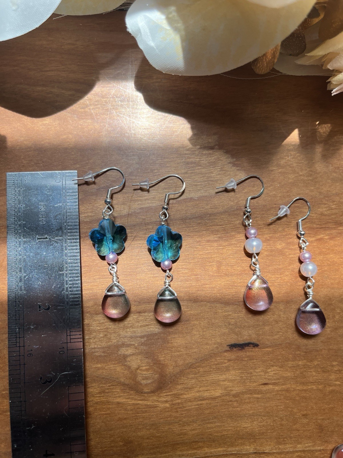 Handcrafted Beautiful Glass Drop Earrings Set Of Two With Sterling Silver Hooks