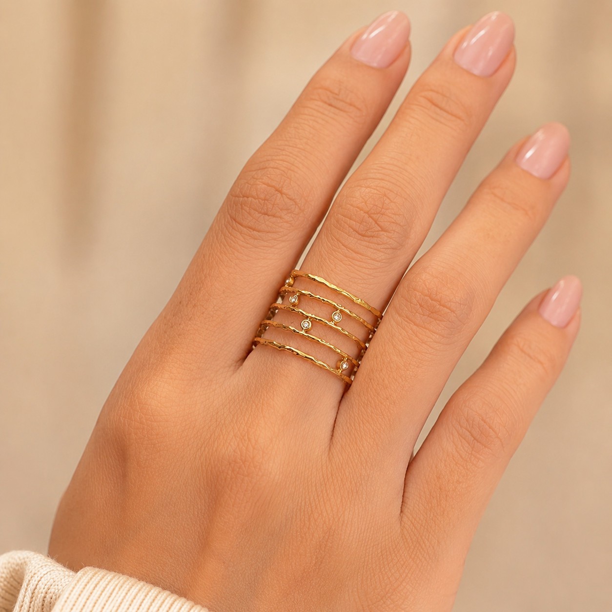 Gold Plated Stainless Steel CZ Open Cuff Ring Hammered Adjustable Jewelry