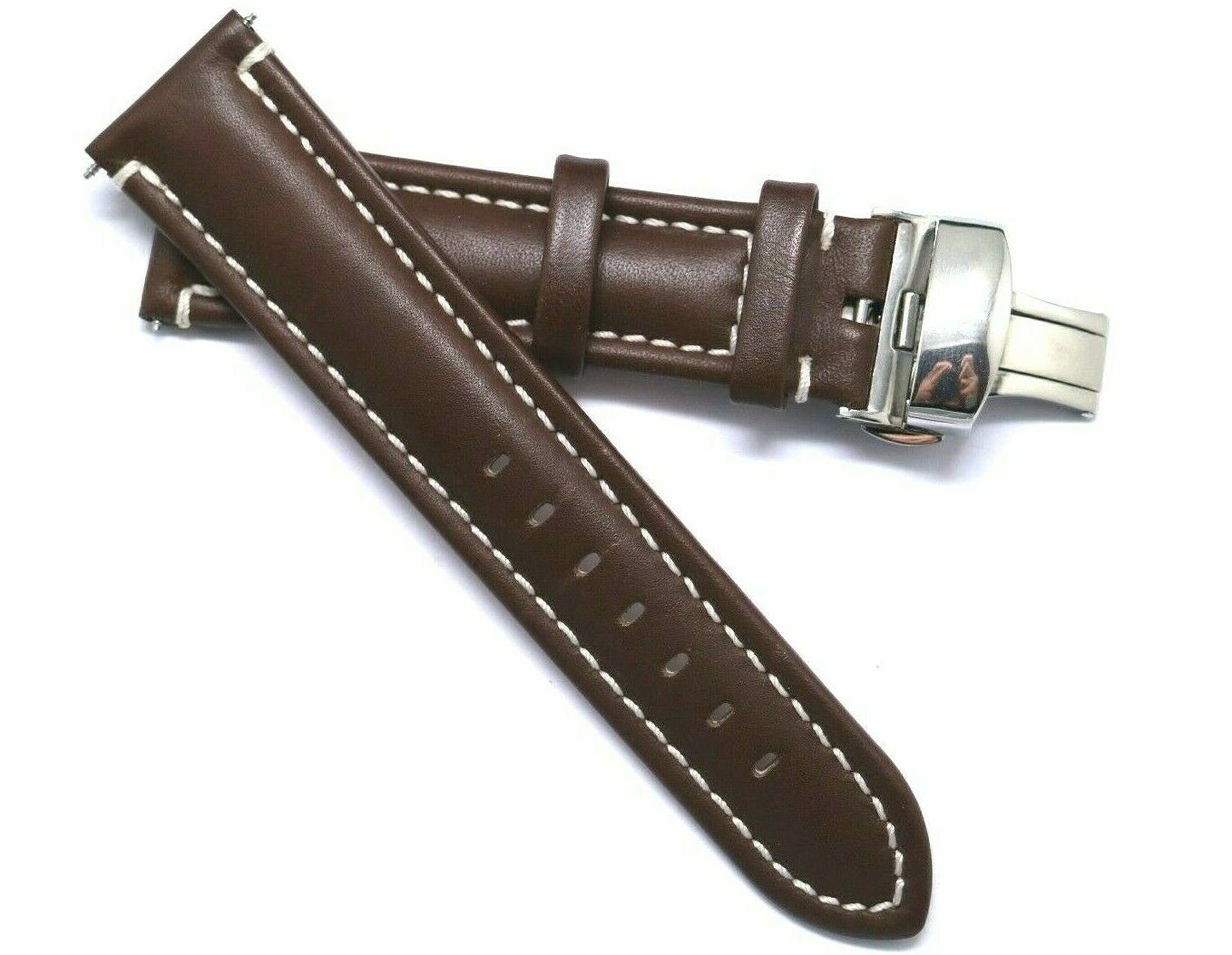 20mm 22mm Brown/White Genuine Leather Watch Strap Push Button Deployant Clasp