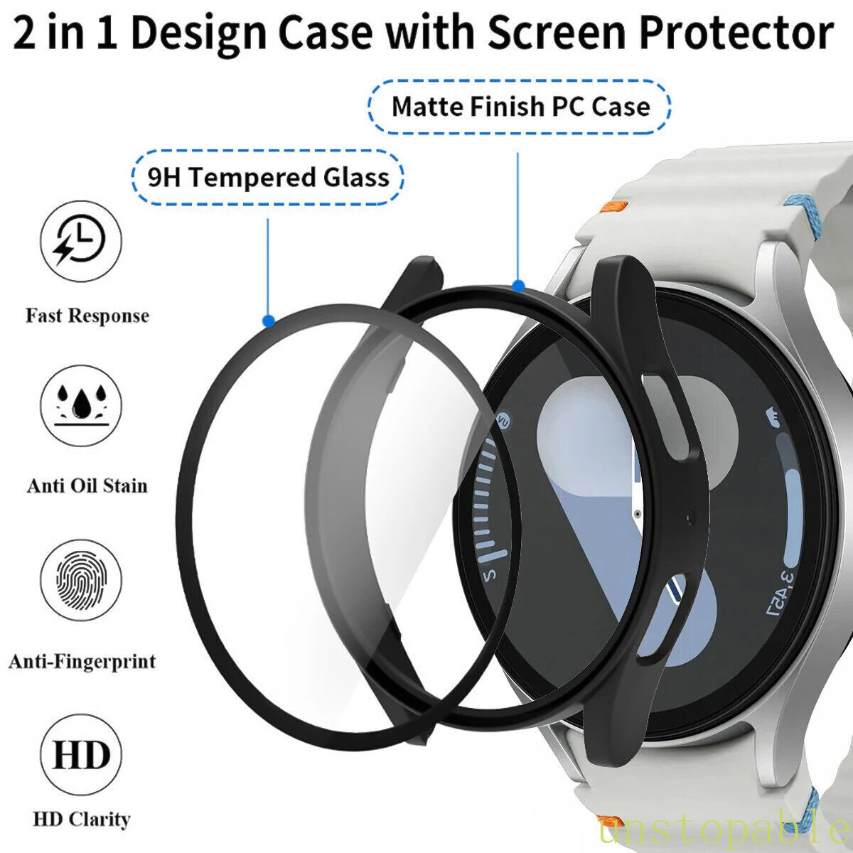For Samsung Galaxy watch 7/6/5/4 44mm 40mm Sport Silicone Band Strap +Glass Case